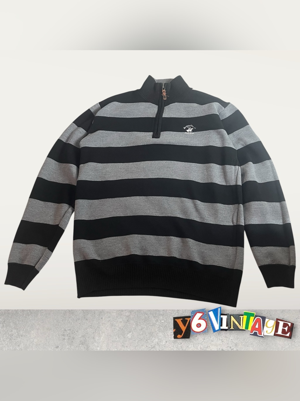 Large Beverly Hills Polo Club Black And Gray Striped Half-Zip Sweater